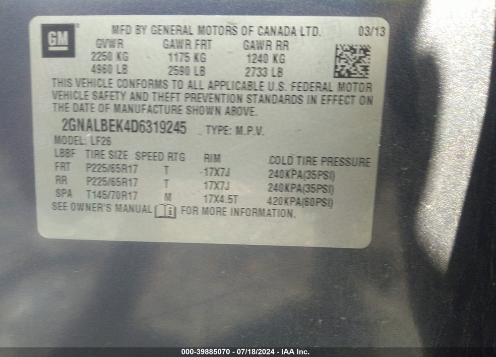 2013 CHEVROLET EQUINOX LS VIN: 2GNALBEK4D6319245