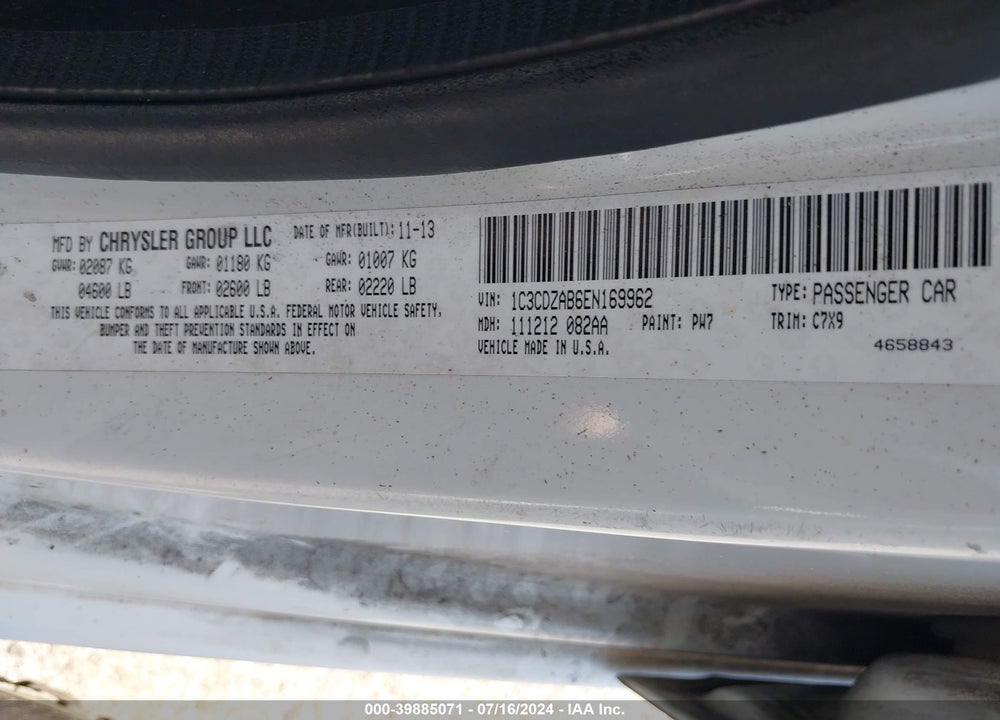 2014 DODGE AVENGER SE VIN: 1C3CDZAB6EN169962