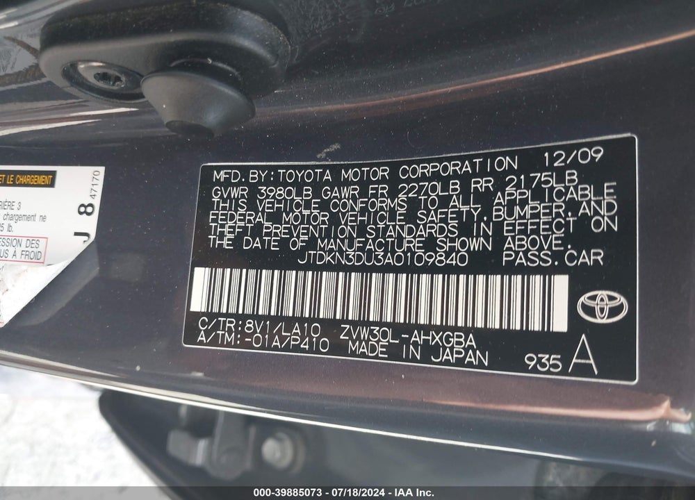 2010 TOYOTA PRIUS IV VIN: JTDKN3DU3A0109840