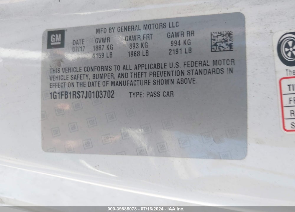 2018 CHEVROLET CAMARO 1LT VIN: 1G1FB1RS7J0103702