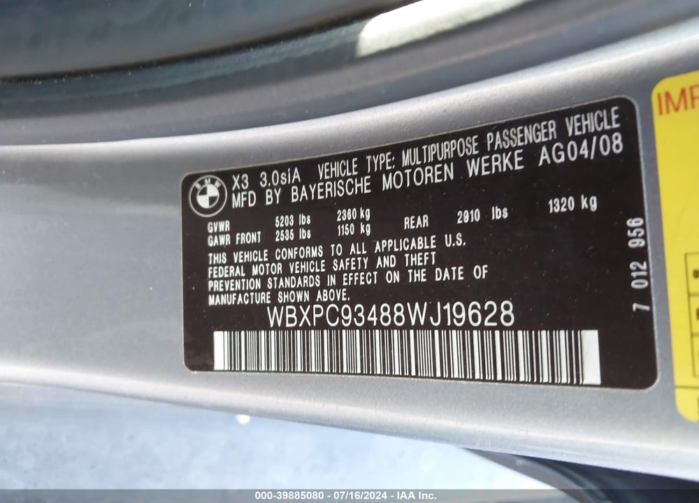 2008 BMW X3 3.0SI VIN: WBXPC93488WJ19628