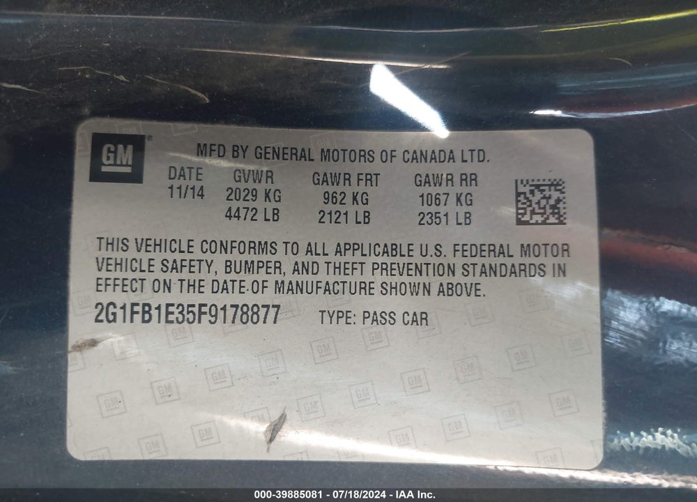 2015 CHEVROLET CAMARO 2LS VIN: 2G1FB1E35F9178877