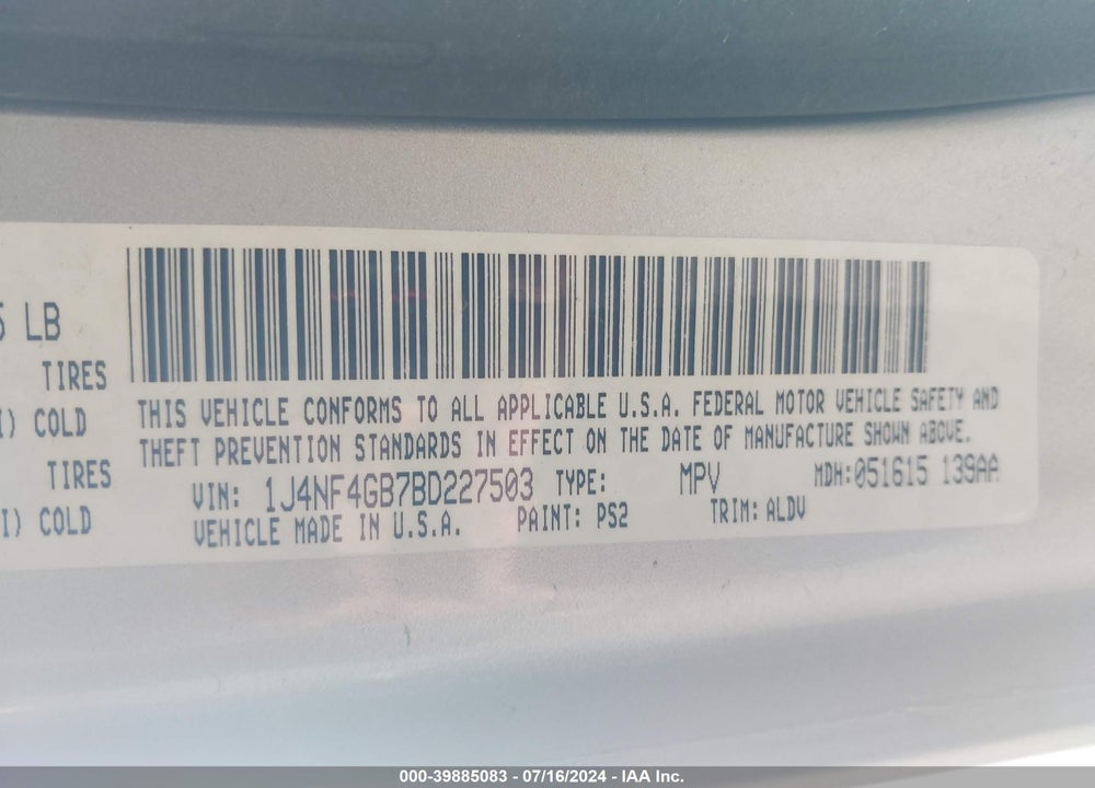 2011 JEEP PATRIOT LATITUDE X VIN: 1J4NF4GB7BD227503