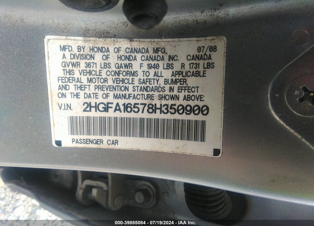 2008 HONDA CIVIC LX VIN: 2HGFA16578H350900