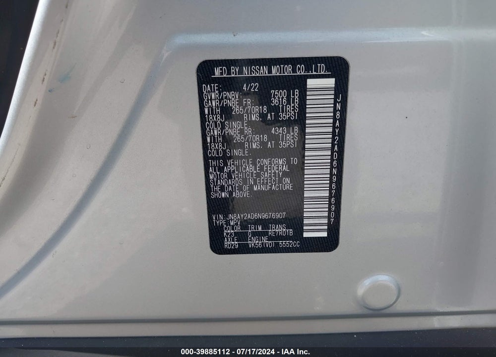 2022 NISSAN ARMADA SV 4WD VIN: JN8AY2AD6N9676907