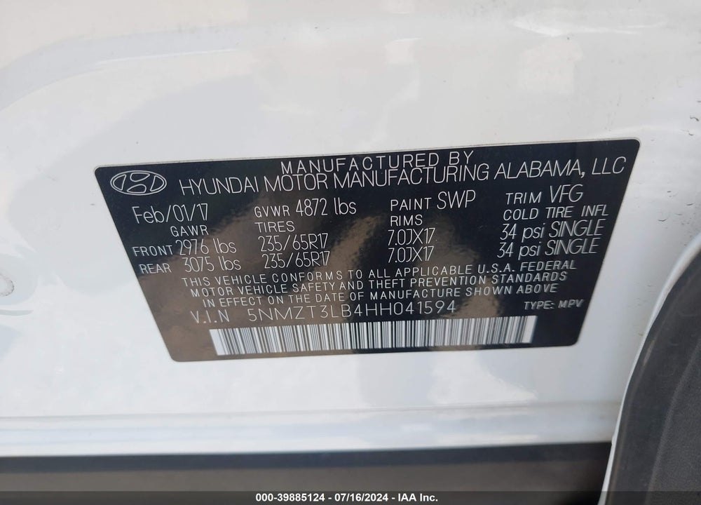 2017 HYUNDAI SANTA FE SPORT 2.4L VIN: 5NMZT3LB4HH041594