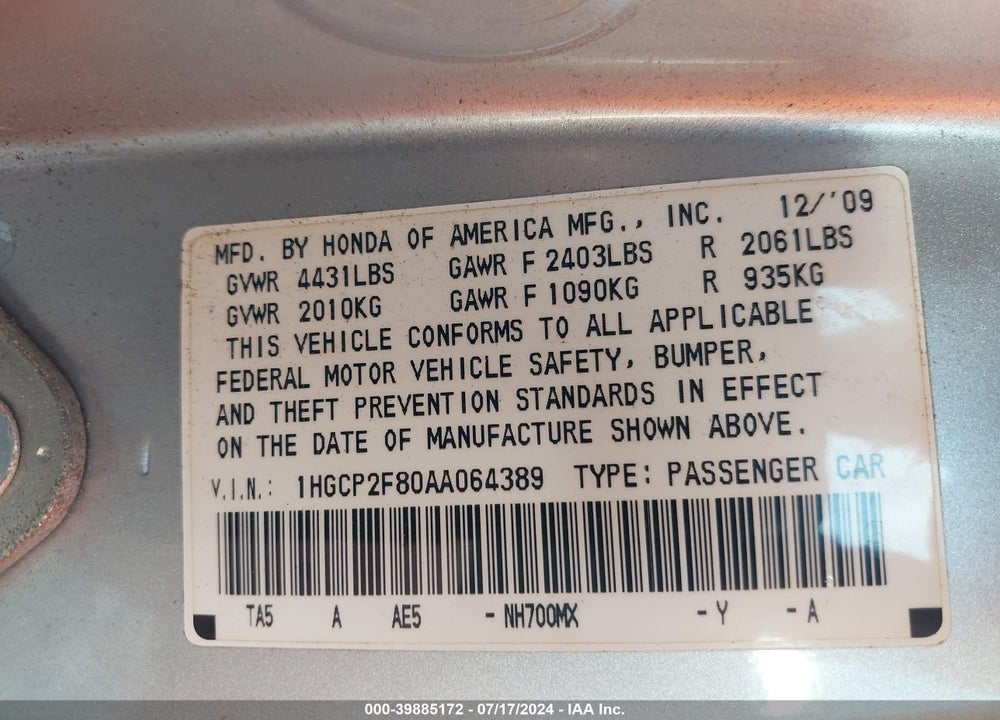 2010 HONDA ACCORD 2.4 EX-L VIN: 1HGCP2F80AA064389