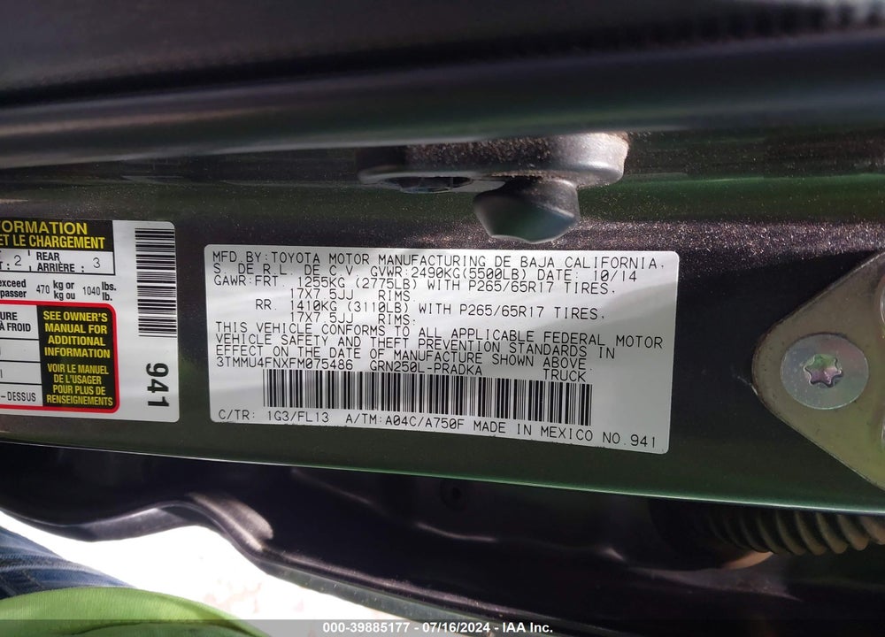2015 TOYOTA TACOMA BASE V6 VIN: 3TMMU4FNXFM075486