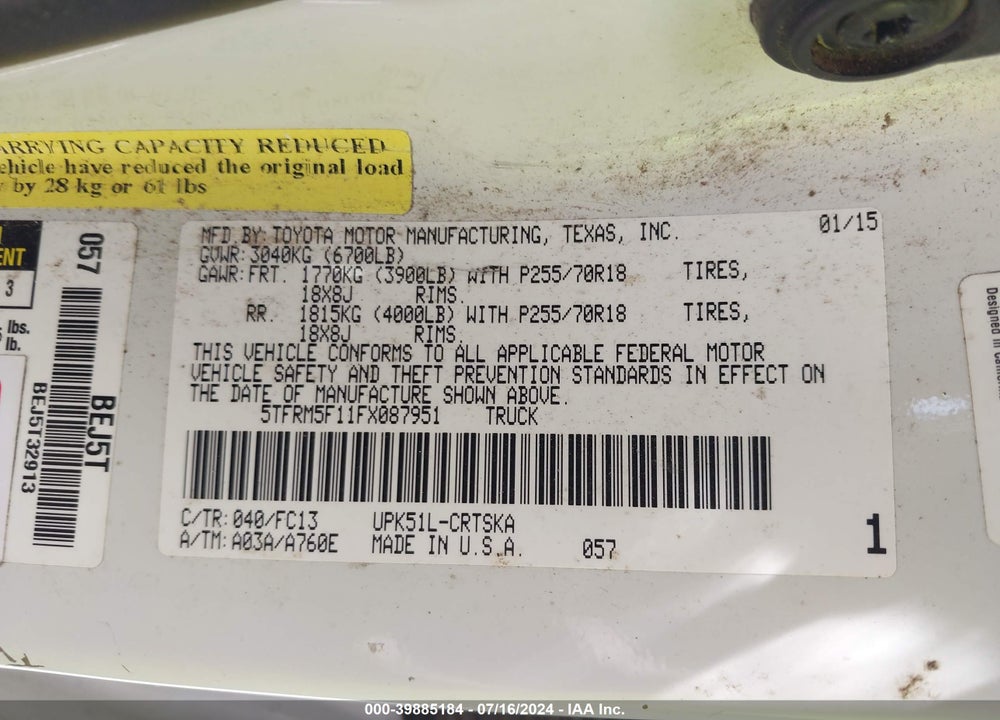 2015 TOYOTA TUNDRA SR5 4.6L V8 VIN: 5TFRM5F11FX087951