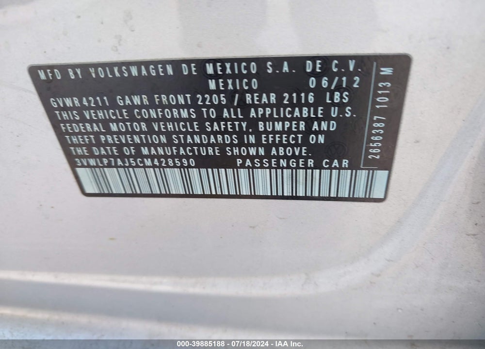 2012 VOLKSWAGEN JETTA 2.5L SEL VIN: 3VWLP7AJ5CM428590