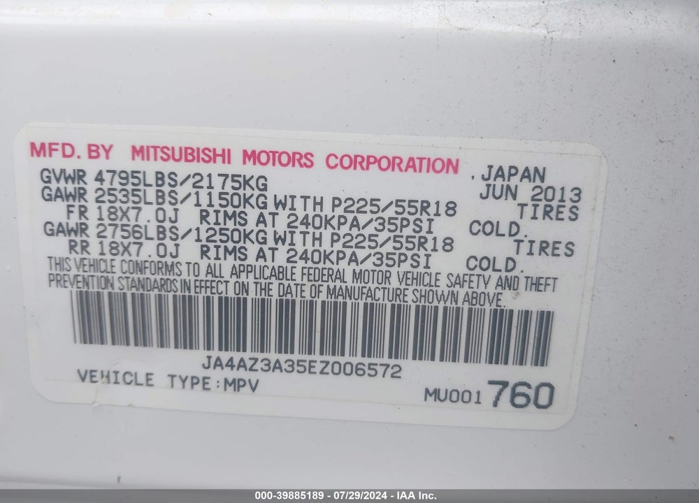 2014 MITSUBISHI OUTLANDER SE VIN: JA4AZ3A35EZ006572