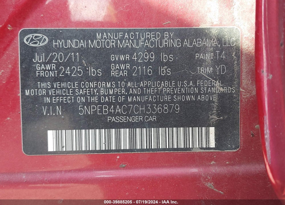 2012 HYUNDAI SONATA GLS VIN: 5NPEB4AC7CH336879