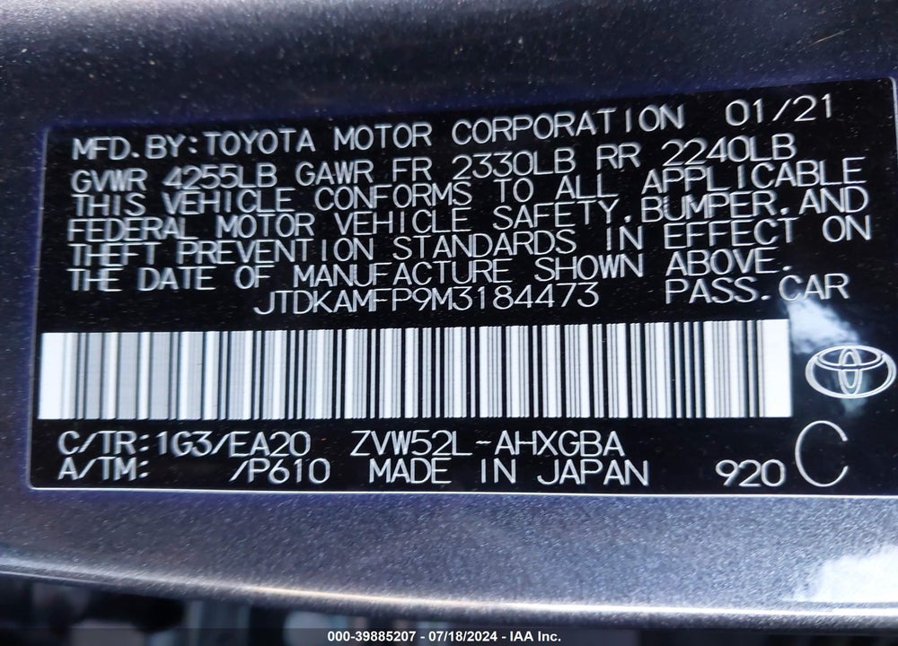 2021 TOYOTA PRIUS PRIME VIN: JTDKAMFP9M3184473