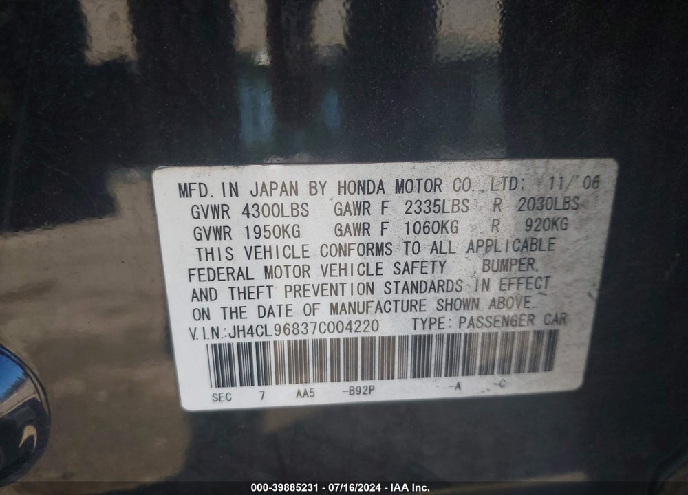2007 ACURA TSX VIN: JH4CL96837C004220