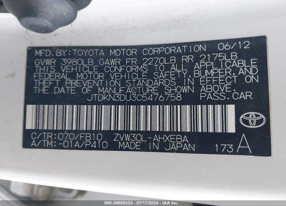 2012 TOYOTA PRIUS TWO VIN: JTDKN3DU3C5476758