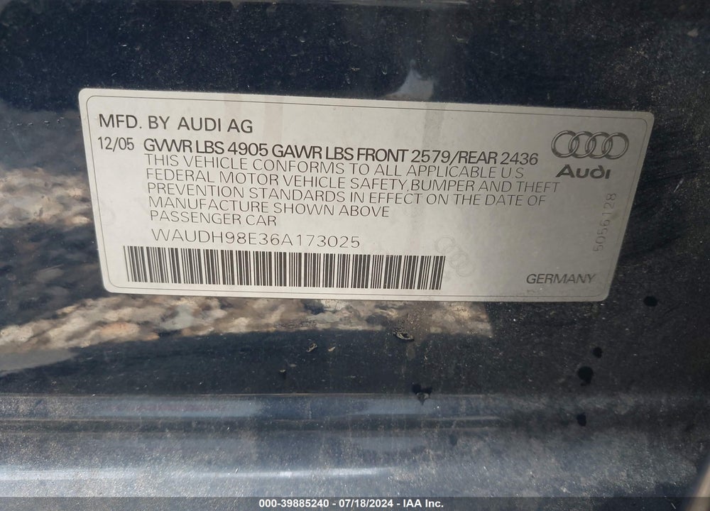2006 AUDI A4 3.2 VIN: WAUDH98E36A173025