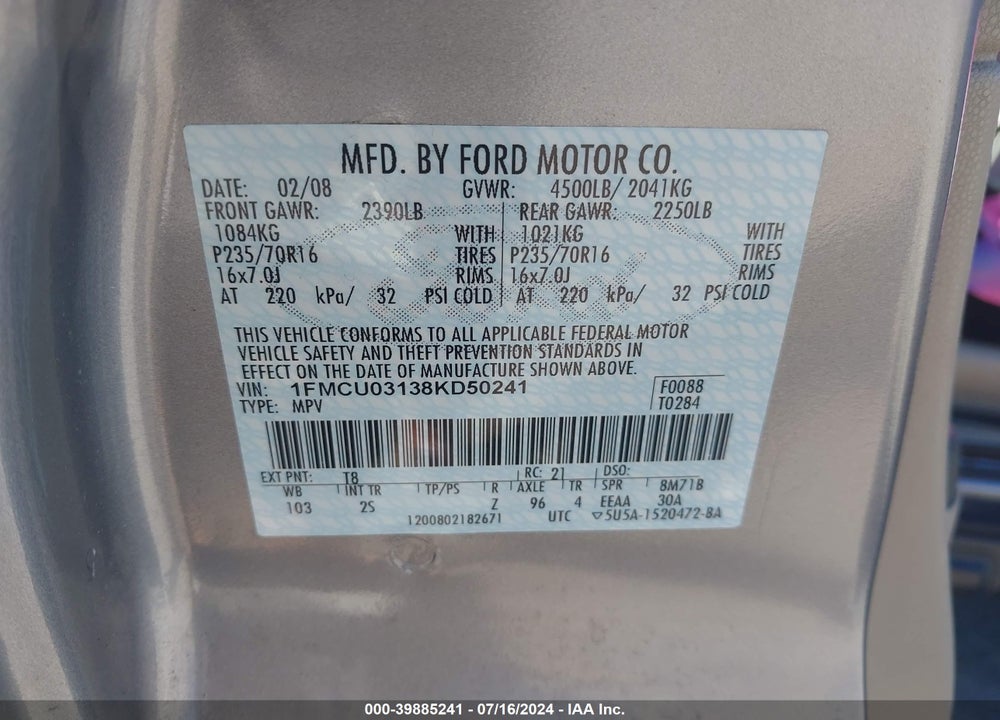 2008 FORD ESCAPE XLT VIN: 1FMCU03138KD50241