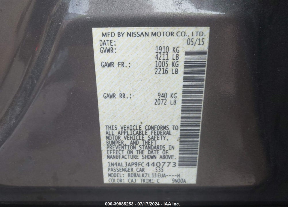 2015 NISSAN ALTIMA 2.5 SV VIN: 1N4AL3AP9FC440773