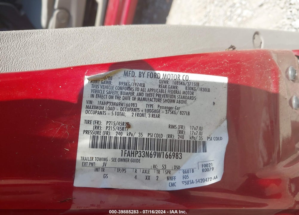 2009 FORD FOCUS SES VIN: 1FAHP33N69W166983