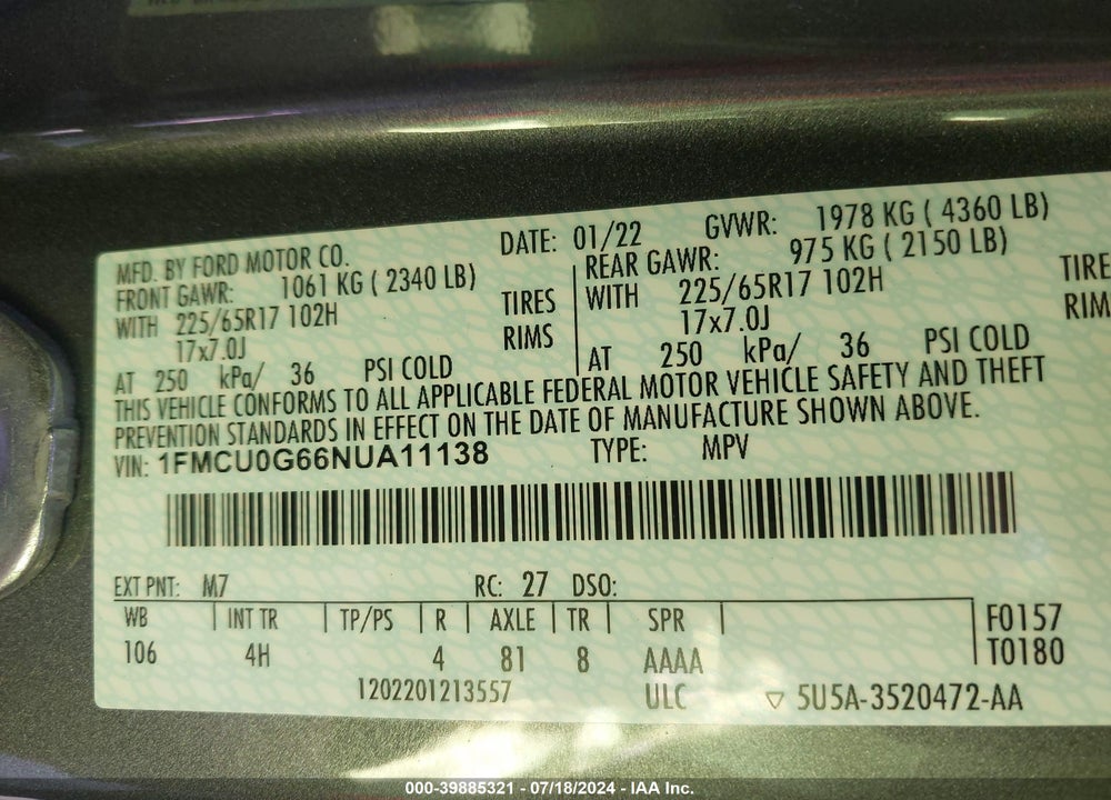 2022 FORD ESCAPE SE VIN: 1FMCU0G66NUA11138