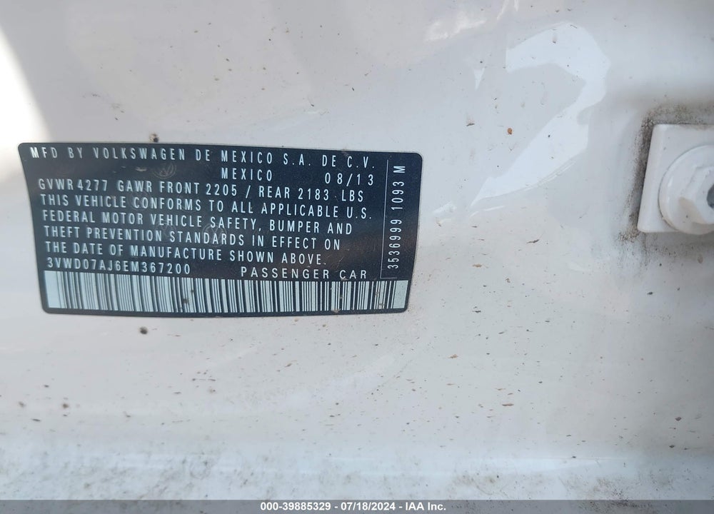 2014 VOLKSWAGEN JETTA VIN: 3VWD07AJ6EM367200