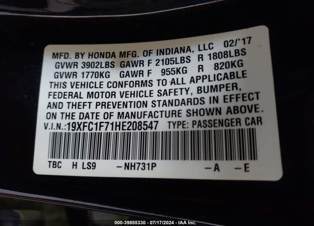 2017 HONDA CIVIC EX-L VIN: 19XFC1F71HE208547