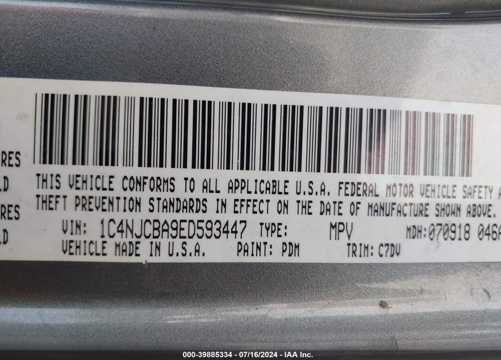 2014 JEEP COMPASS SPORT VIN: 1C4NJCBA9ED593447