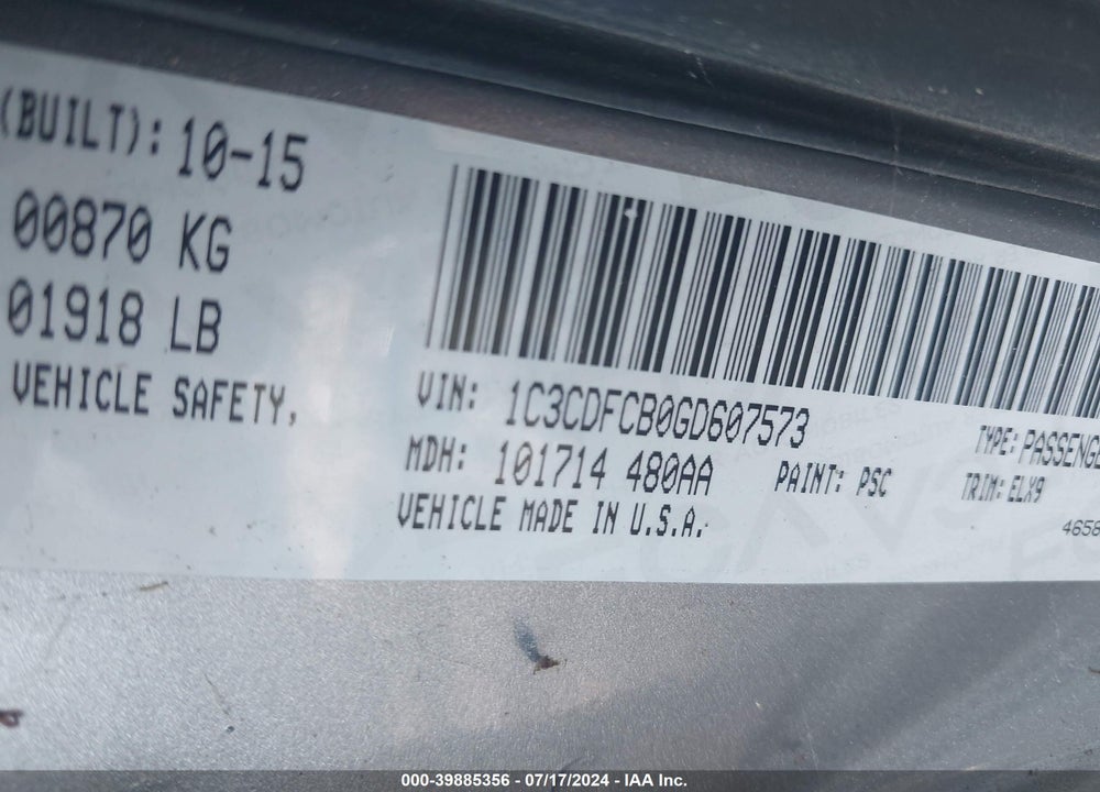 2016 DODGE DART LIMITED VIN: 1C3CDFCB0GD607573