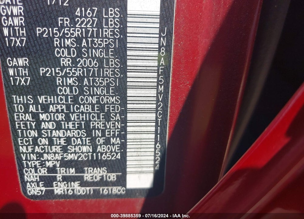 2012 NISSAN JUKE SV VIN: JN8AF5MV2CT116524