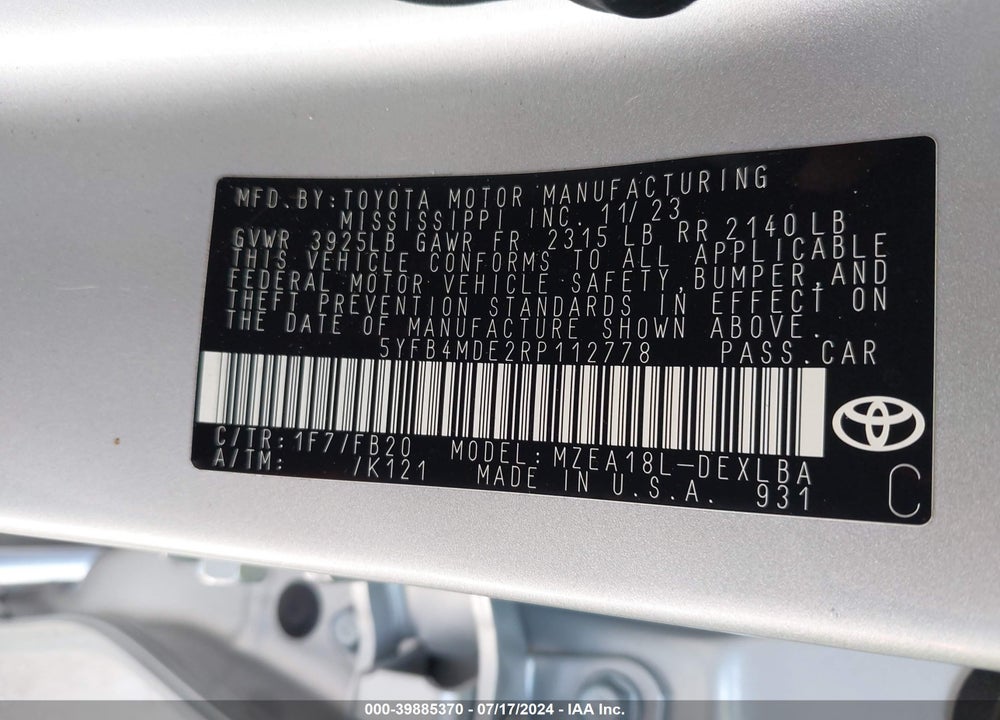 2024 TOYOTA COROLLA LE VIN: 5YFB4MDE2RP112778