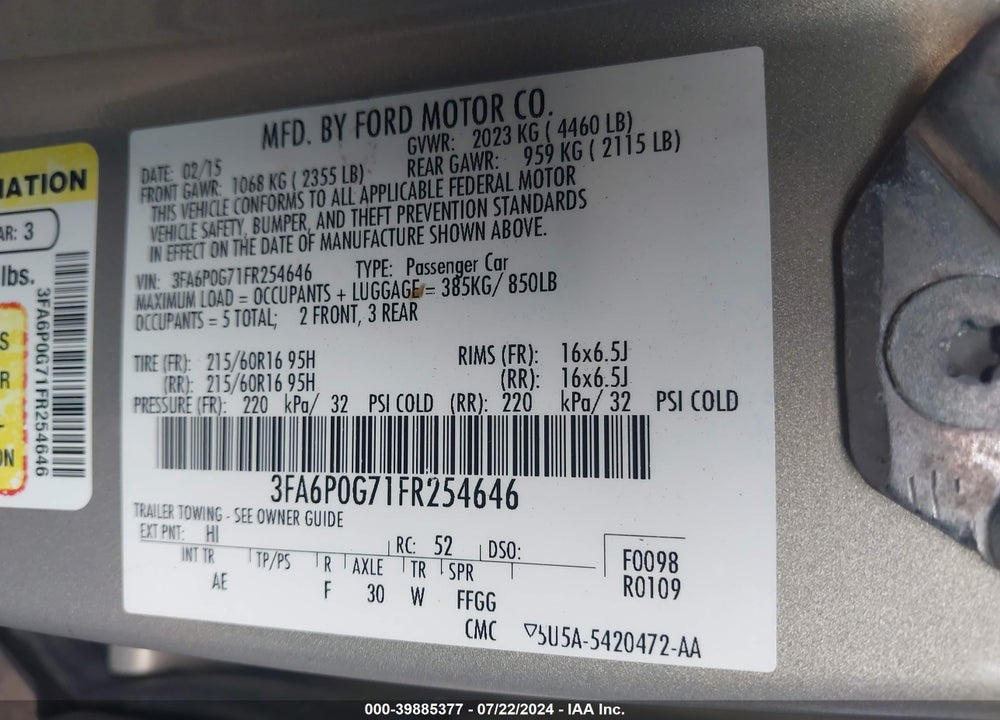 2015 FORD FUSION S VIN: 3FA6P0G71FR254646