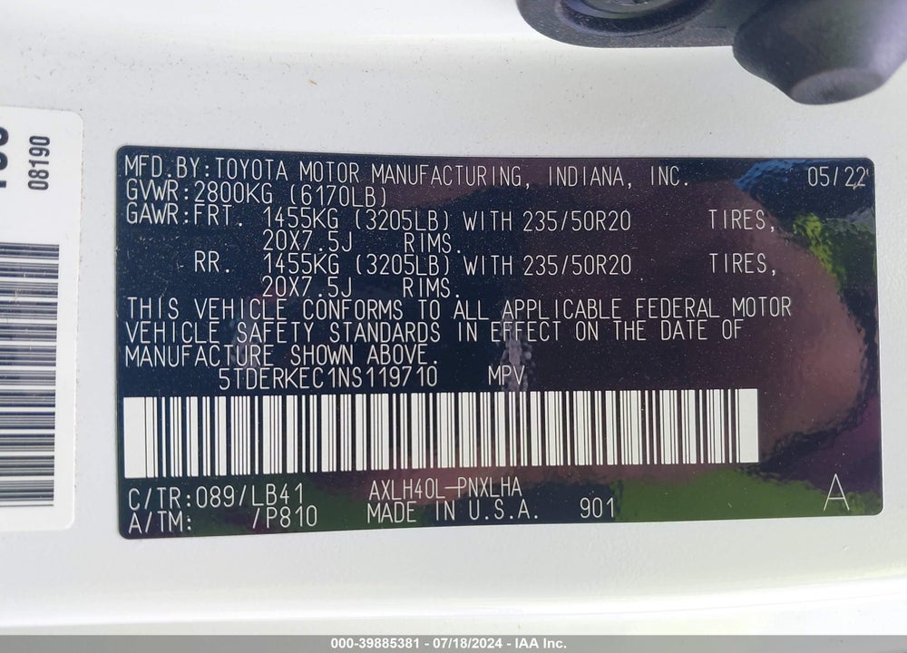 2022 TOYOTA SIENNA PLATINUM VIN: 5TDERKEC1NS119710