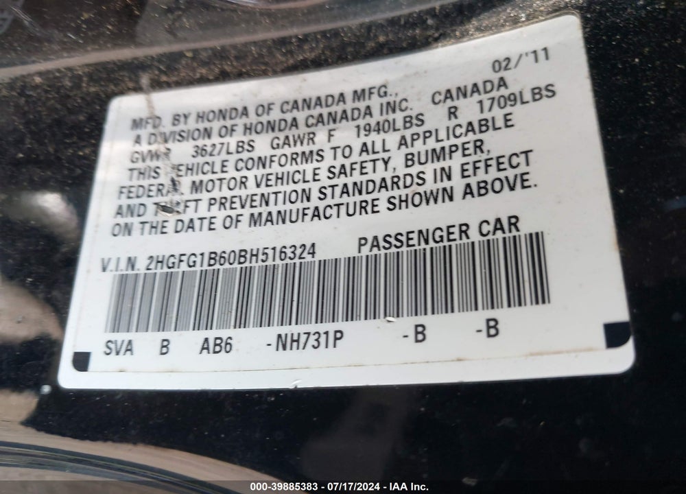 2011 HONDA CIVIC LX VIN: 2HGFG1B60BH516324
