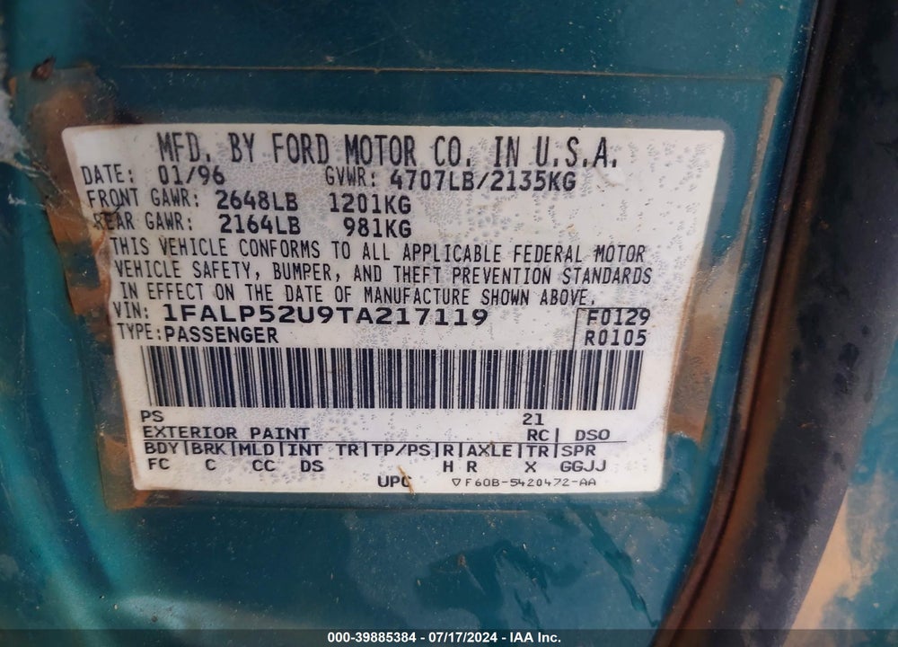 1996 FORD TAURUS VIN: 1FALP52U9TA217119