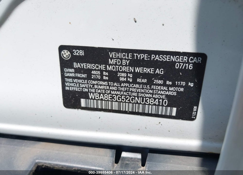 2016 BMW 328I XDRIVE VIN: WBA8E3G52GNU38410