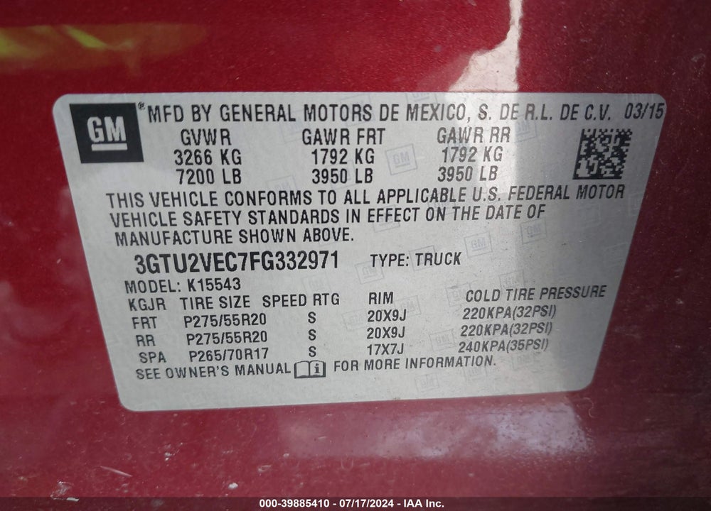 2015 GMC SIERRA 1500 SLT VIN: 3GTU2VEC7FG332971