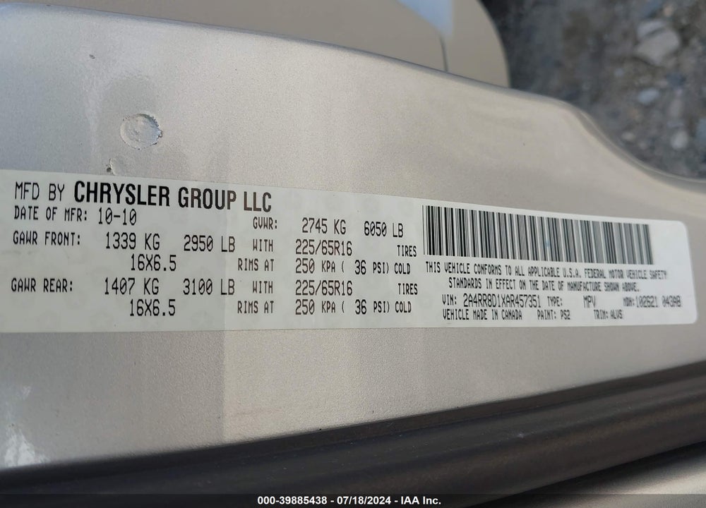 2010 CHRYSLER TOWN & COUNTRY TOURING PLUS VIN: 2A4RR8D1XAR457351