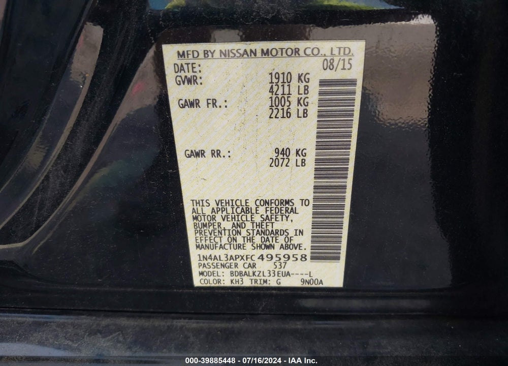 2015 NISSAN ALTIMA 2.5 SV VIN: 1N4AL3APXFC495958