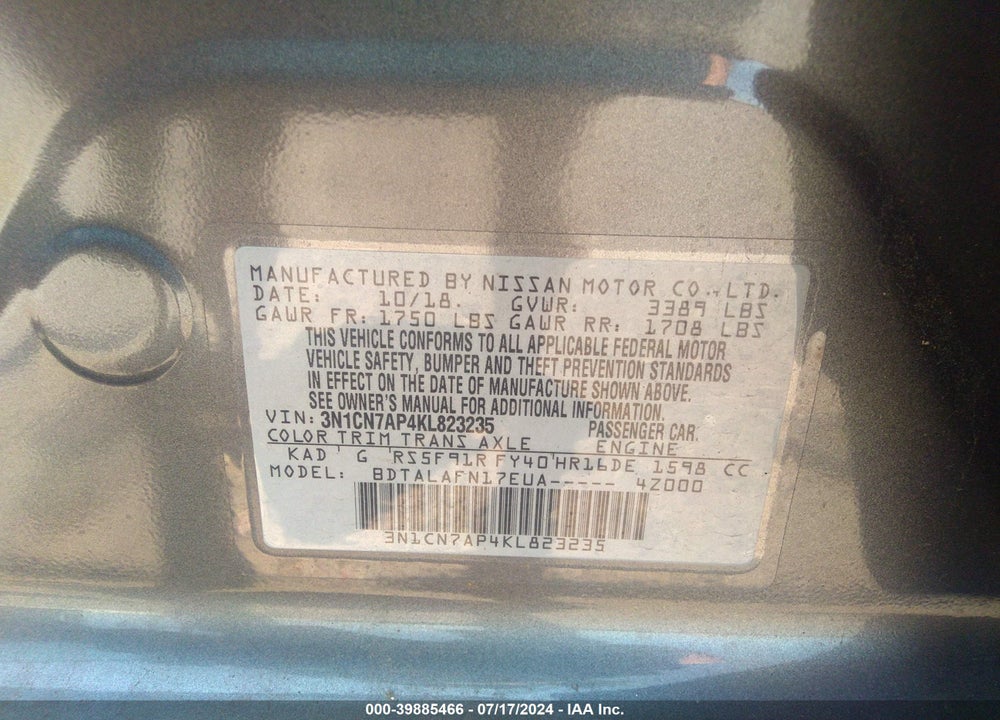 2019 NISSAN VERSA 1.6 S+ VIN: 3N1CN7AP4KL823235