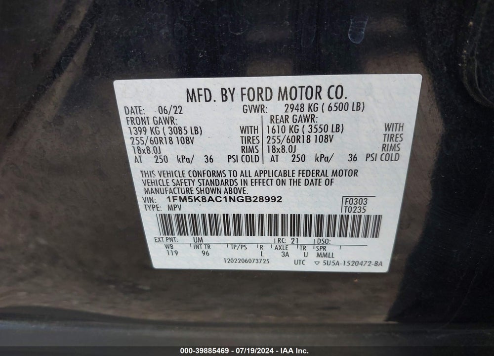 2022 FORD POLICE INTERCEPTOR UTILITY VIN: 1FM5K8AC1NGB28992