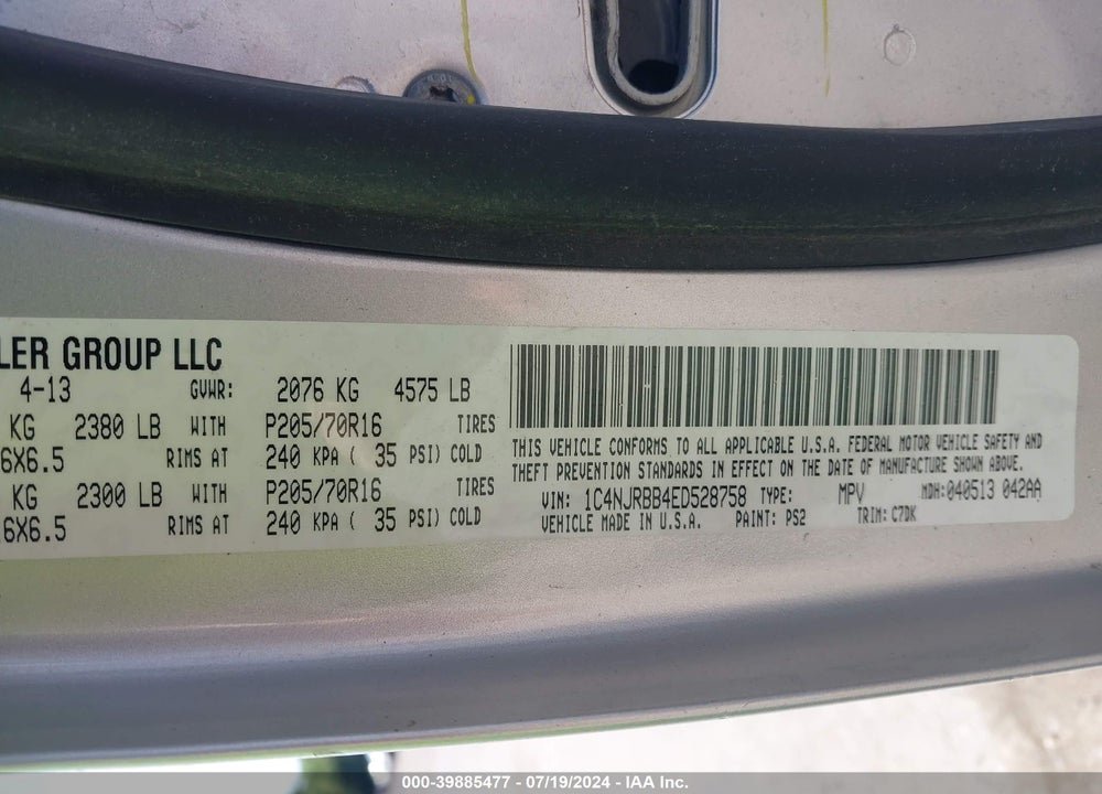 2014 JEEP PATRIOT SPORT VIN: 1C4NJRBB4ED528758