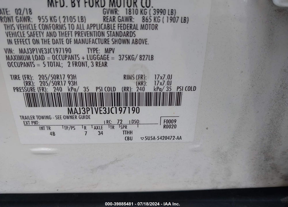 2018 FORD ECOSPORT TITANIUM VIN: MAJ3P1VE3JC197190