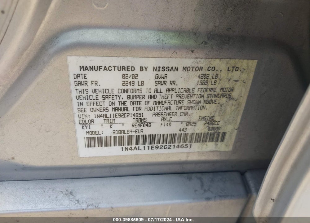 2002 NISSAN ALTIMA 2.5 S VIN: 1N4AL11E92C214651