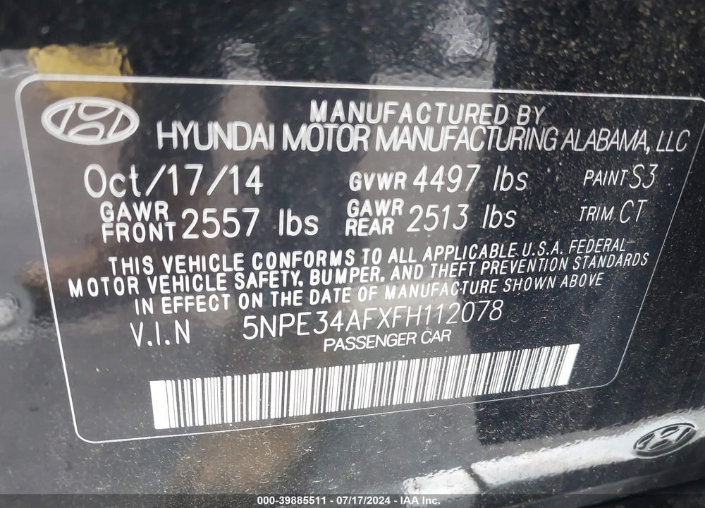 2015 HYUNDAI SONATA SPORT VIN: 5NPE34AFXFH112078