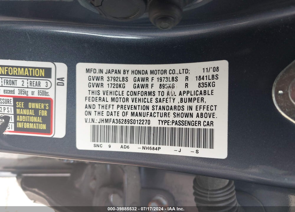 2009 HONDA CIVIC HYBRID VIN: JHMFA36289S012270