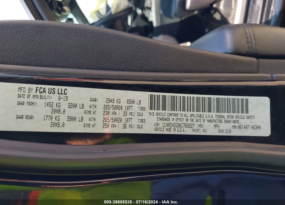 2019 DODGE DURANGO GT PLUS RWD VIN: 1C4RDHDG9KC769227