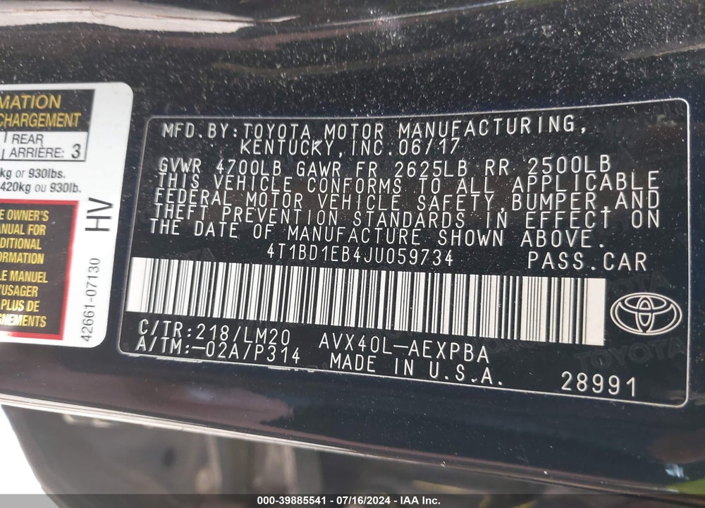 2018 TOYOTA AVALON HYBRID LIMITED VIN: 4T1BD1EB4JU059734