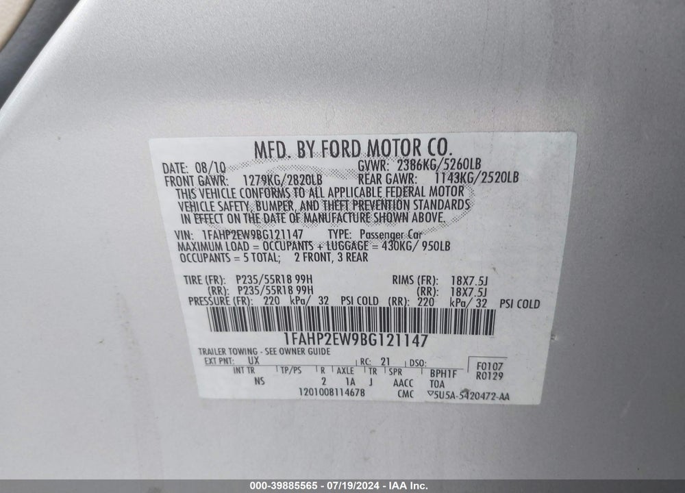 2011 FORD TAURUS SEL VIN: 1FAHP2EW9BG121147