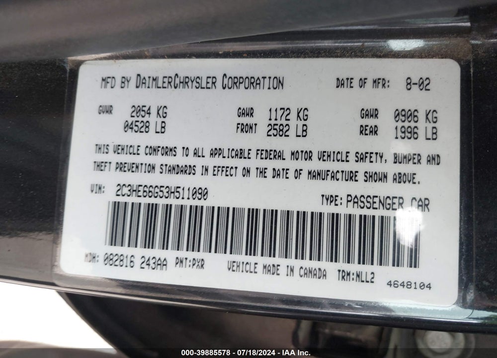 2003 CHRYSLER 300M VIN: 2C3HE66G53H511090