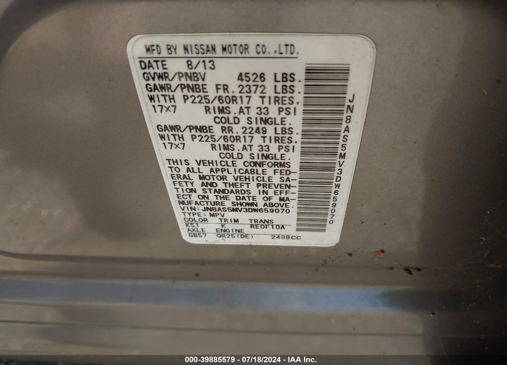 2013 NISSAN ROGUE SV VIN: JN8AS5MV3DW659070